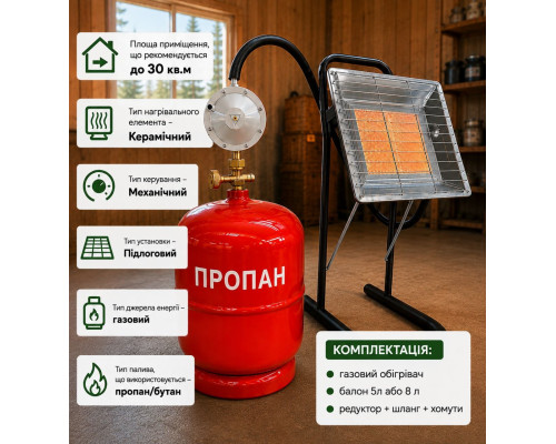 Газовий обігрівач Нургаз 310 3 кВт + балон 5л або 8л + редуктор + шланг